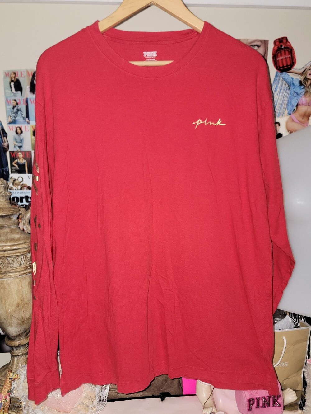 PINK Victoria's Secret Long Sleeve Crewneck Shirt Red & Gold Large